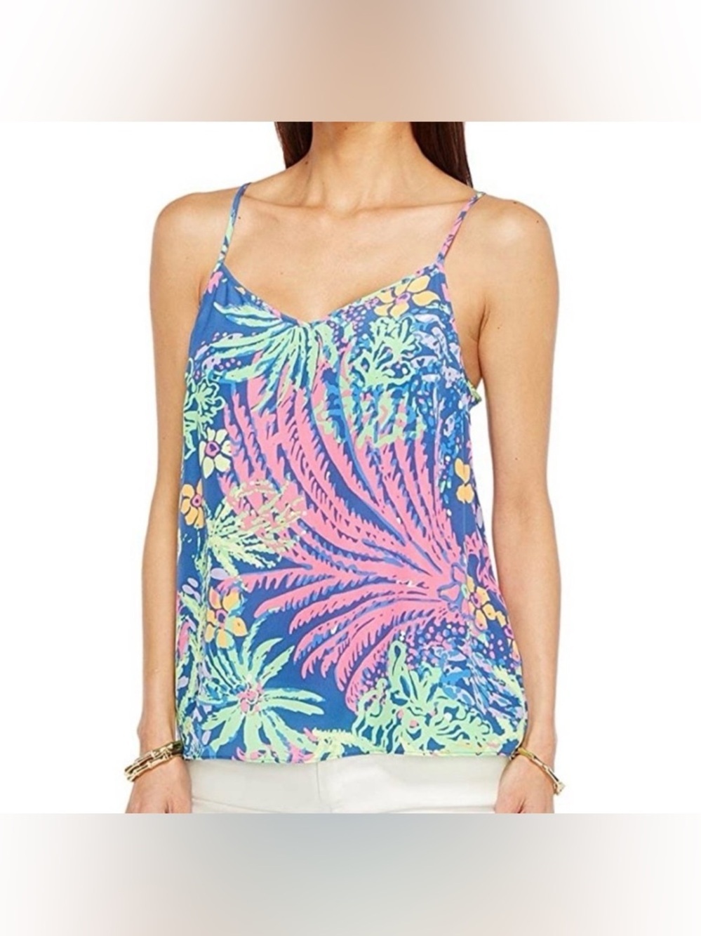 LILLY PULITZER 100% SLIK DUSK RACERBACK TAN NEON FLORAL PRINT SIZE XS - Picture 7 of 8
